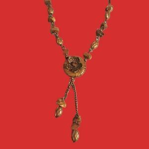Avon Vintage Brass  Tiger Eye Beaded Chain & Flower Lariat Necklace